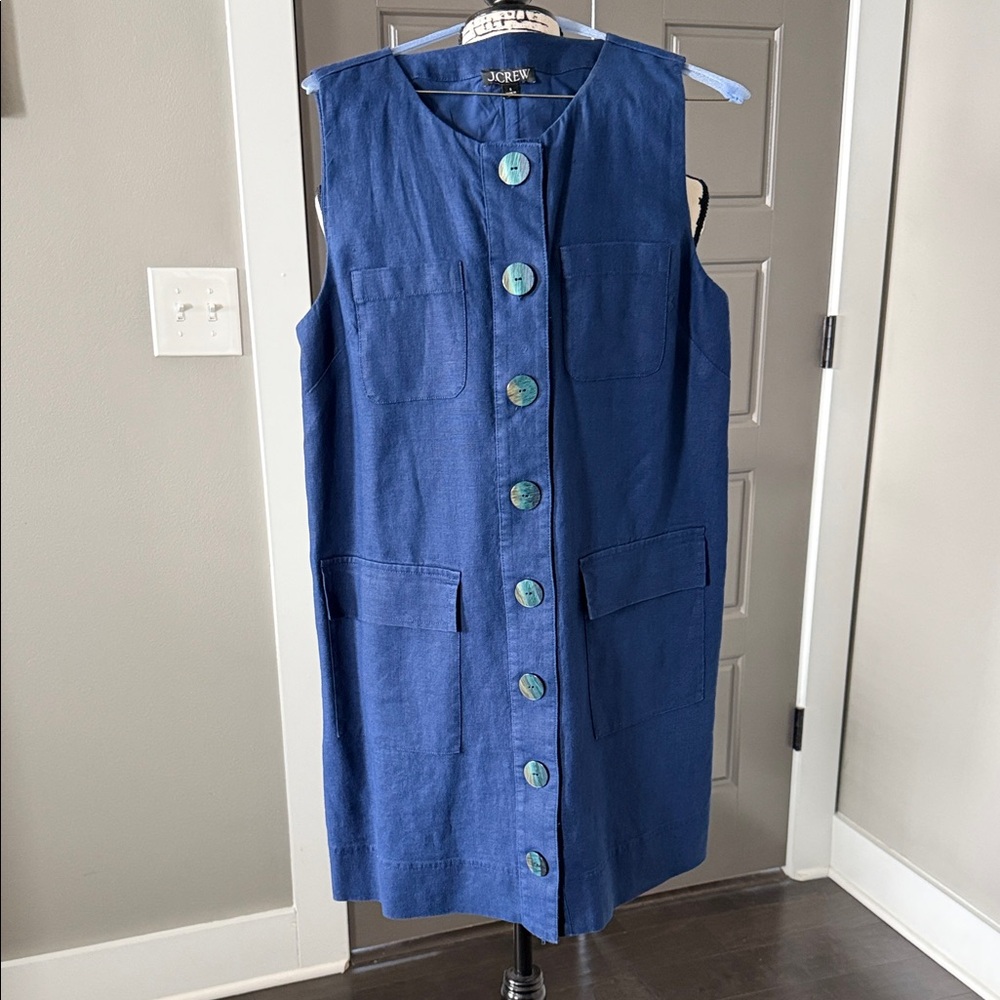 J. Crew Sleeveless Button-Front Navy Blue Linen Dress